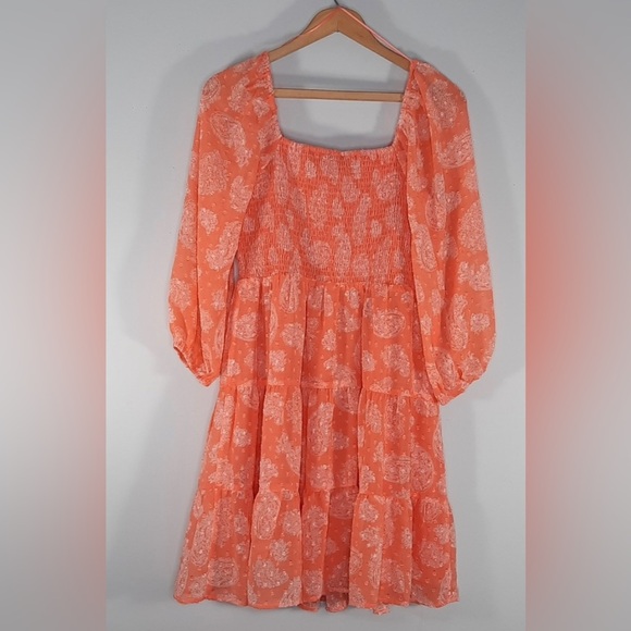 Skies Are Blue Tiered Smocked Bodice Babydoll A-Line Mini Dress SZ M Coral - Picture 7 of 12